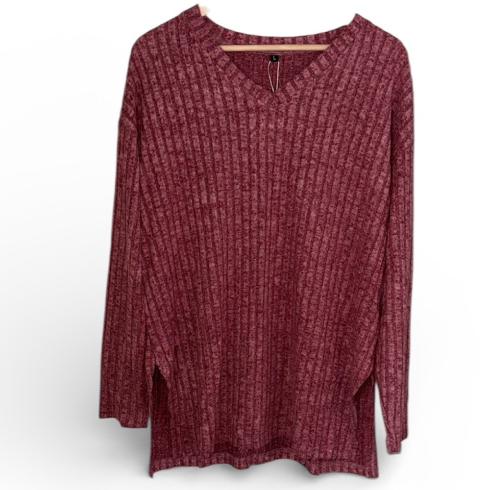 V-Neck Ribbed Sweater pink red large lightweight soft tunic slit sides NEW
